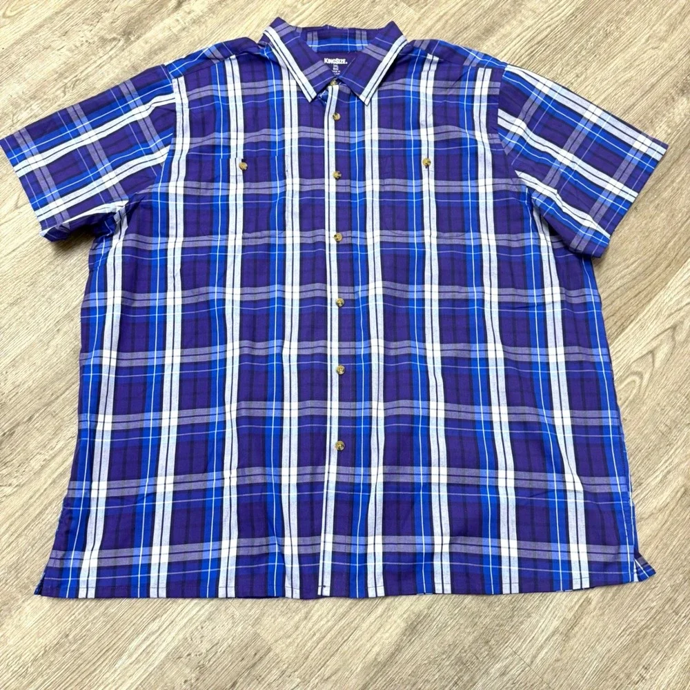 Lot of 2 KingSize Mens 3XL Big Plaid Short Sleeve Button Down Shirts Red Blue - Picture 3 of 10